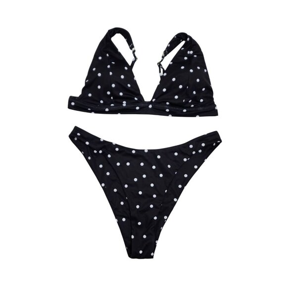 Black White Polka Dot Bikini Set  Adjustable Straps & High-Cut Bottoms Size L - Picture 1 of 7